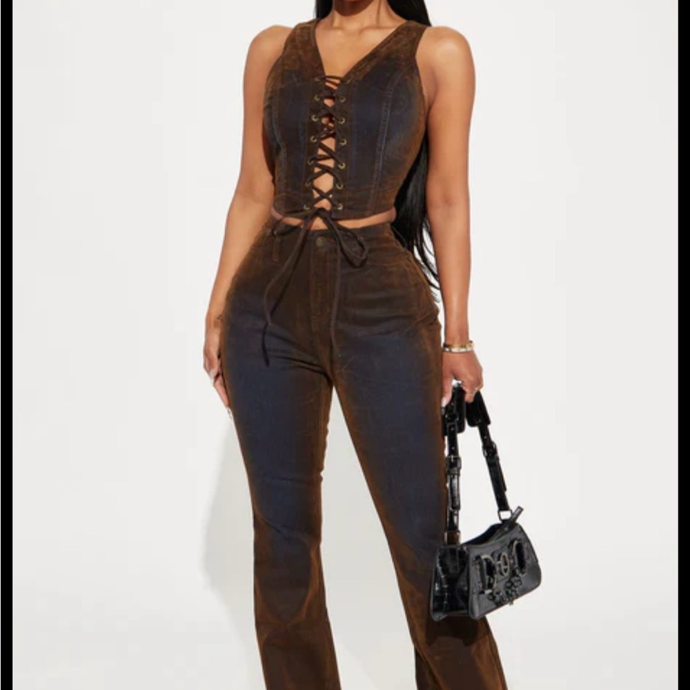 Fashion Nova Brown Velvet Flare Jeans And Vest Bundle